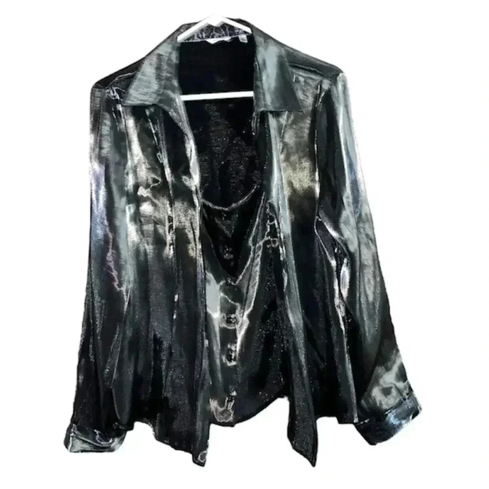 NICOLA Shiny Black Metallic Button-Up Blouse